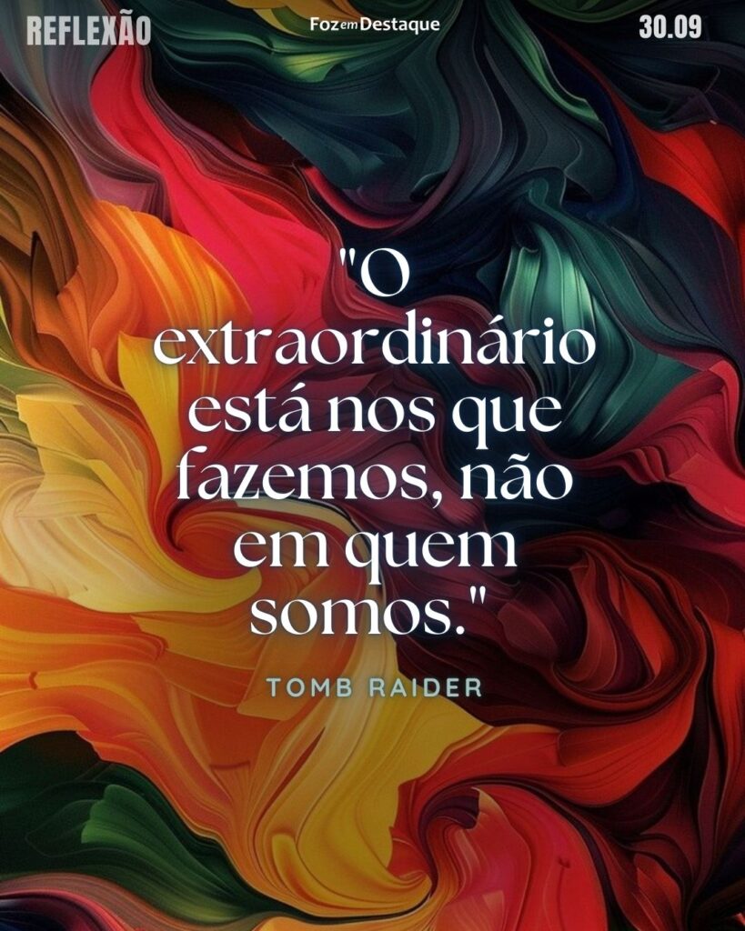 “O extraordinário está no que fazemos, não no que somos.” “Tomb Raider” - É um filme de ação e aventura americano de 2018, dirigido por Roar Uthaug e escrito por Genebra Robertson-Dworet e Alastair Siddons, a partir de uma história de Evan Daugherty e Robertson-Dworet, baseado no jogo eletrônico de mesmo nome da Crystal Dynamics de 2013, incluindo elementos de sua sequência, sendo um reboot da franquia Tomb Raider.
Reflexão 30 de Setembro 2024 Foz em Destaque