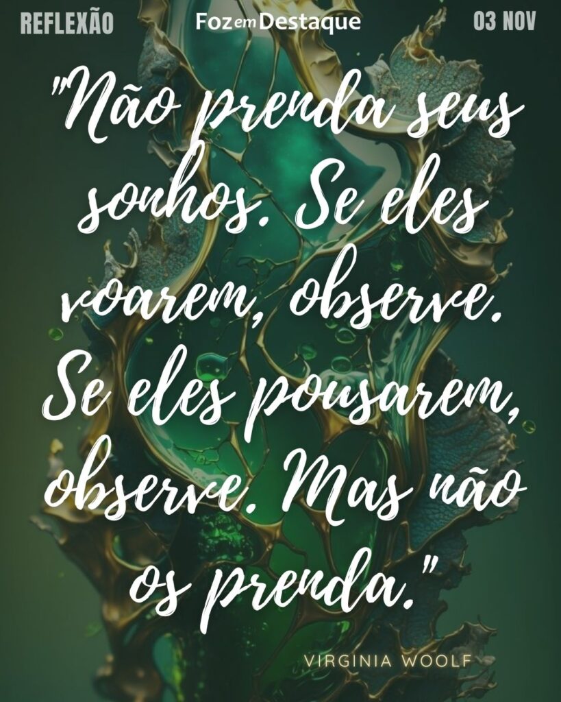 "Não prenda seus sonhos. Se eles voarem, observe. Se eles pousarem, observe. Mas não os prenda."
(Virginia Woolf - Escritora britânica nascida em 1882, foi uma das figuras mais importantes do modernismo literário.)
Reflexão 03 de novembro 2024 Foz em Destaque - "Sua vida mais divertida!!!"