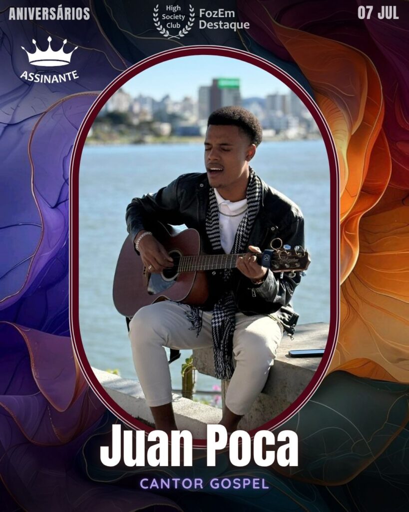 Juan Poca
Cantor sertanejo profissional e finalista do The Voice Kids 2017, Juan encanta plateias com voz marcante e repertório que vai do sertanejo ao gospel, representando o High Society Club.
🎂 Aniversariantes de 07 de Julho de 2025 High Socity Club Foz em Destaque