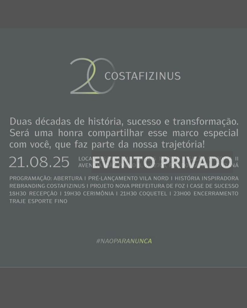 Aniversário Costa Fizinus 20 Anos: Escritório celebra marco com lançamento do Vila Nord e apresentação da Nova Prefeitura de Foz do Iguaçu.