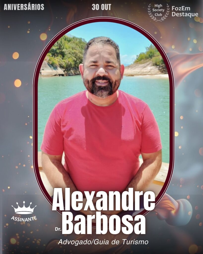 Alexandre Barbosa (Dr.)
Advogado militante em Foz e guia de turismo credenciado, Dr. Alexandre Barbosa é uma figura influente no cenário social. Sua presença ativa em eventos e seu engajamento comunitário o classificam como membro do High Society Club. Ele celebra a data unindo o rigor jurídico ao fascínio pelas belezas da região.
Aniversários FozEmDestaque HighSocietyClub 30/10/2025
