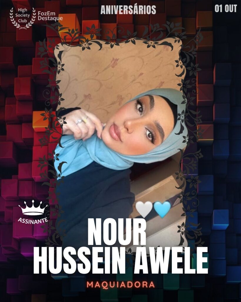 Nour Hussein Awele é uma talentosa Maquiadora profissional e membro do HighSocietyClub. Ela é amplamente reconhecida por sua expertise em transformar e realçar a beleza, destacando-se no cenário de eventos e moda da cidade. Seu portfólio e técnica apurada garantem um lugar de destaque entre os profissionais da beleza em Foz.
Aniversários FozEmDestaque HighSocietyClub 31/10/2025