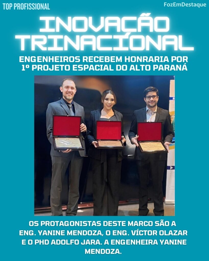 Eng. Yanine Mendoza, o Eng. Víctor Olazar e o PhD Adolfo Jara. A
Projeto Espacial Alto Paraná: Yanine Mendoza e equipe são líderes do 1º projeto espacial. Homenagem oficial do Governo por inovação.
Eng. César Landy Torres, - overnador do departamento, e o Lic. Israel Barreto, Secretário da Juventude