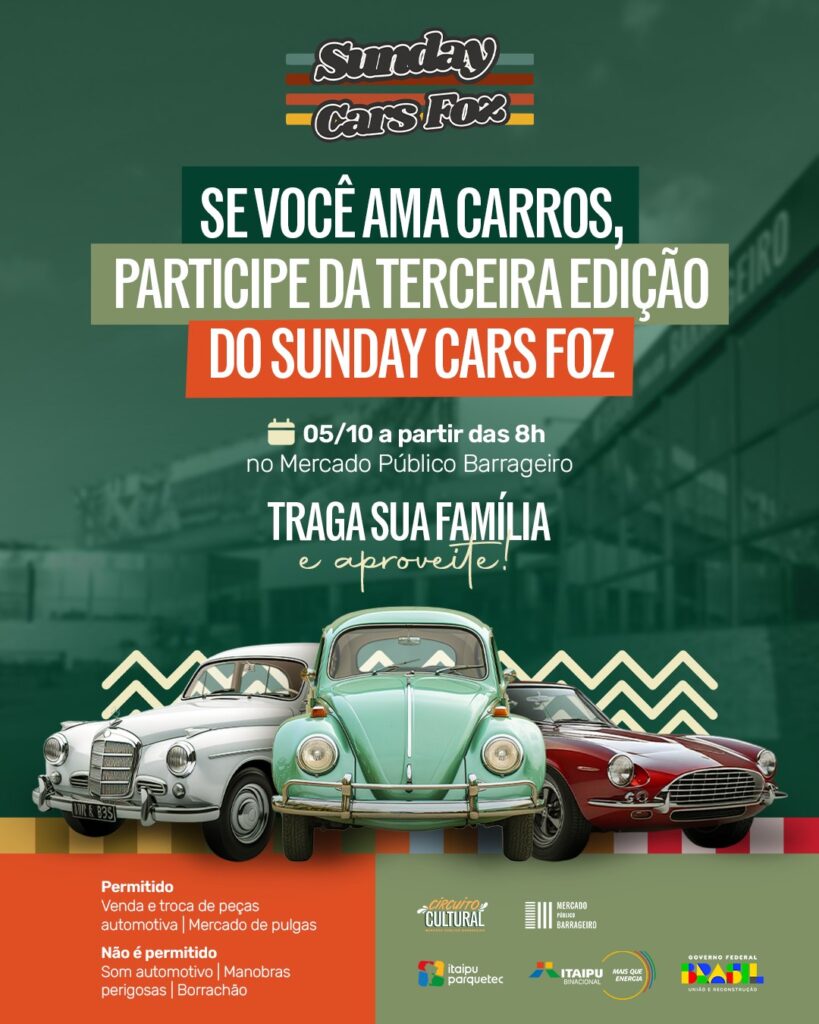 Mercado Barrageiro SundayCars Luau
Agenda FozEmDestaque
Veja a programação grátis do fim de semana! Exposição de carros clássicos e Luau com show de rock ao vivo.