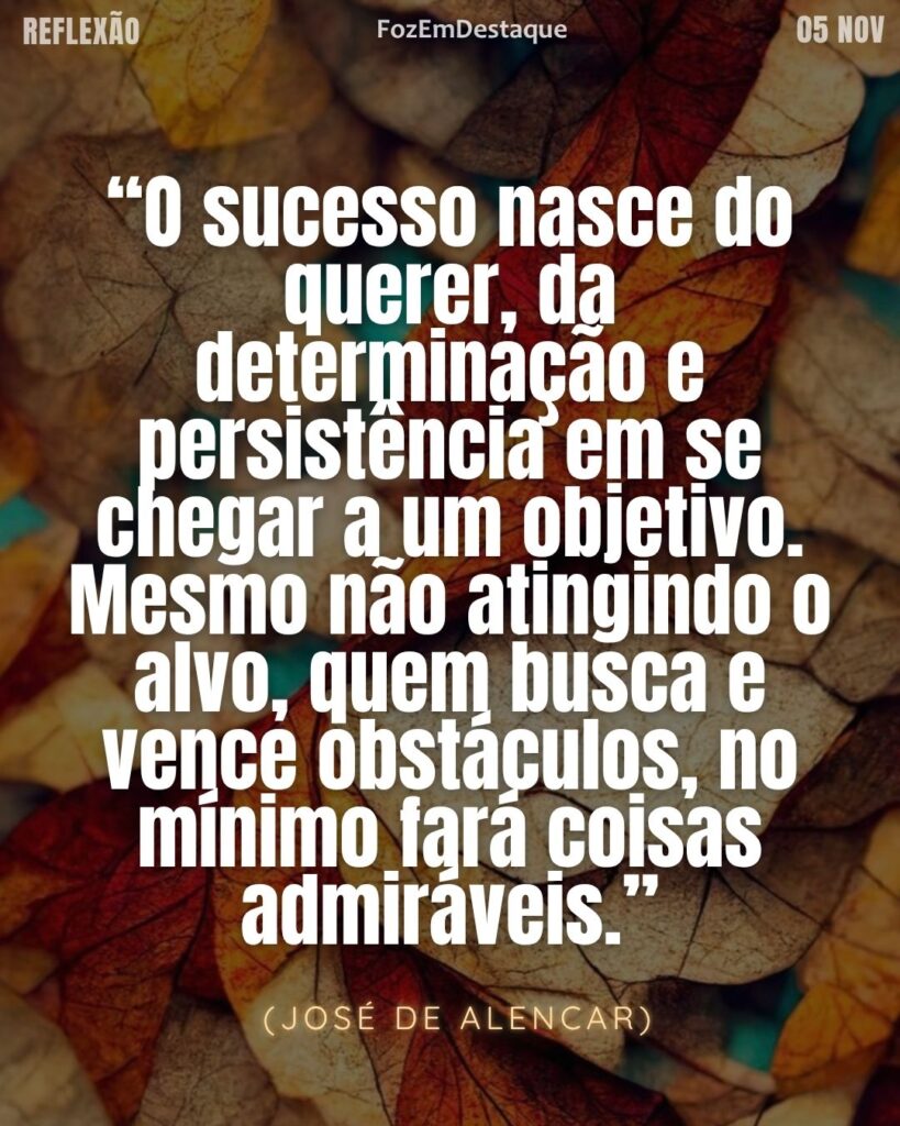 “O sucesso nasce do querer, da determinação e persistência em se chegar a um objetivo. Mesmo não atingindo o alvo, quem busca e vence obstáculos, no mínimo fará coisas admiráveis.”
(José de Alencar)
Querer Determinação Persistência Admiração