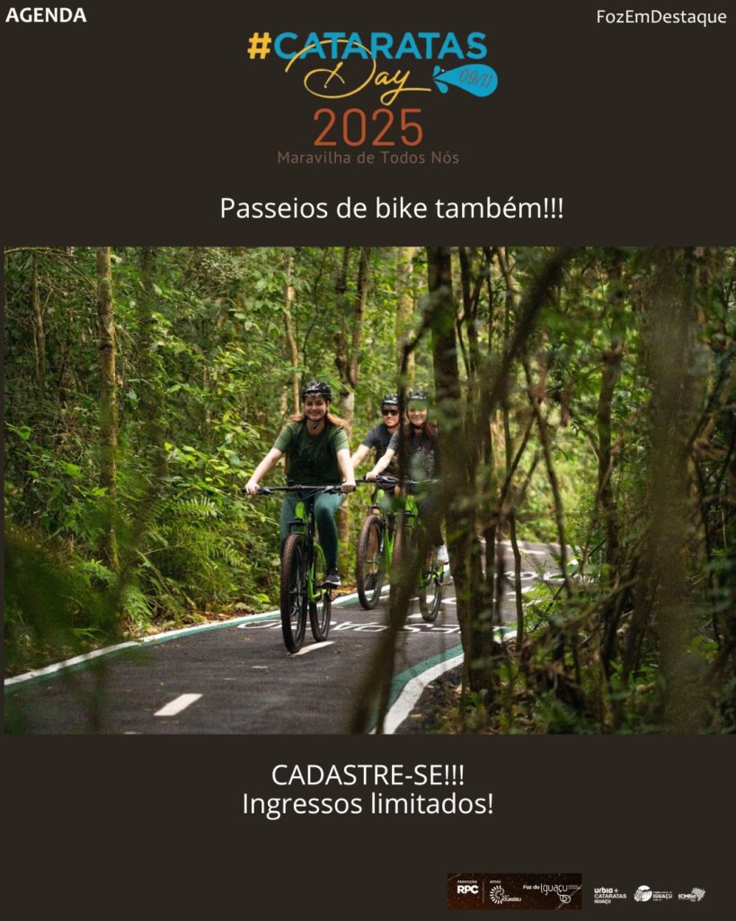 Visitantes aproveitam o passeio gratuito do Bike Iguaçu na ciclovia do Parque Nacional durante o Cataratas Day 2025 Foz.