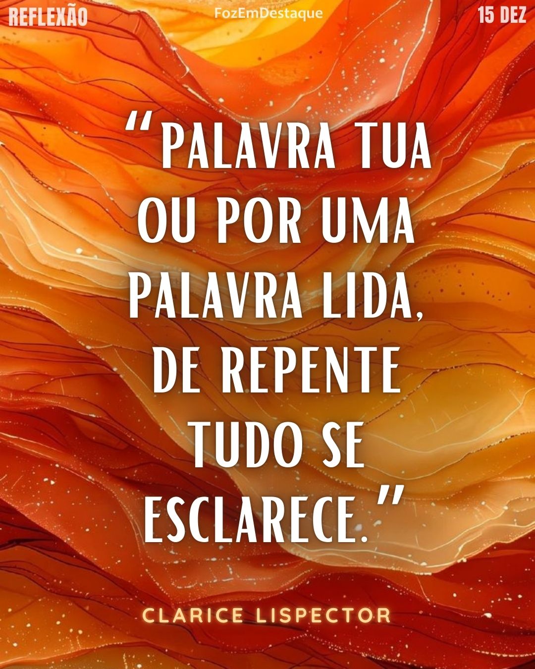"Sou um monte intransponível no meu próprio caminho. Mas às vezes por uma palavra tua ou por uma palavra lida, de repente tudo se esclarece."
Clarice Lispector Palavra Esclarece
Reflexão Diaria FozEmDestaque