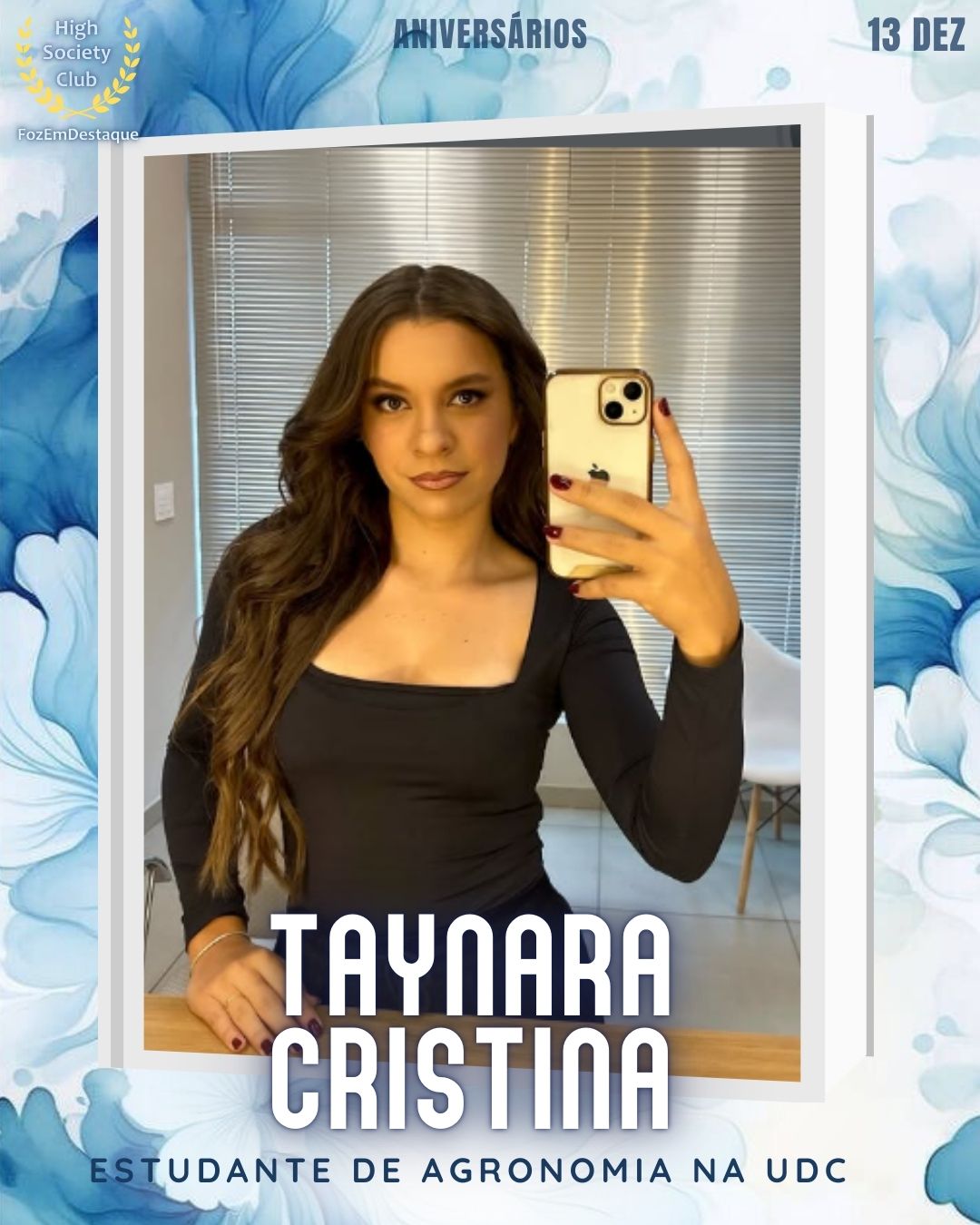 Taynara Cristina
Estudante de Agronomia na UDC
HIGH SOCIETY CLUB
https://www.instagram.com/taynara.cristina1/
https://www.facebook.com/taaynara1239