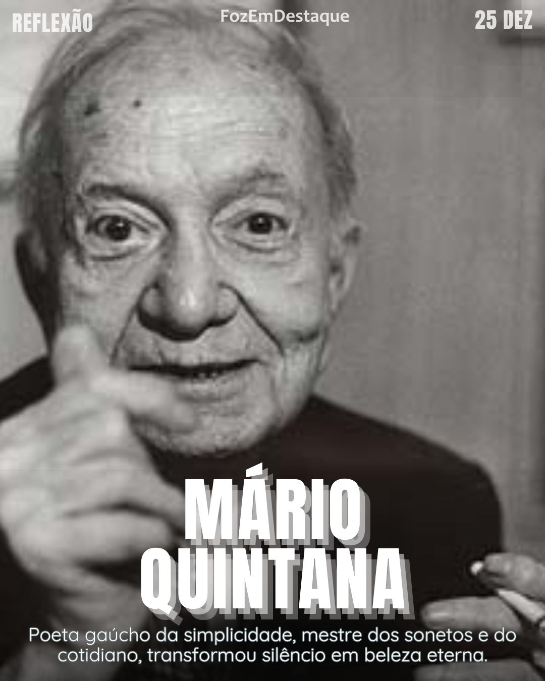 "Os livros não mudam o mundo. Quem muda o mundo são as pessoas. Os livros só mudam as pessoas." (Mário Quintana)
Reflexão diaria FozEmDestaque
Natal em Foz Celebração
