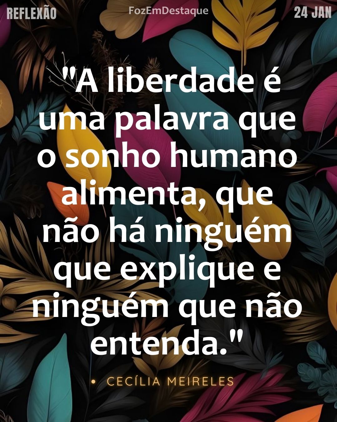 "A liberdade é uma palavra que o sonho humano alimenta, que não há ninguém que explique e ninguém que não entenda." — Cecília Meireles
Reflexão diaria FozEmDestaque
Liberdade Cecília Meireles Reflexão