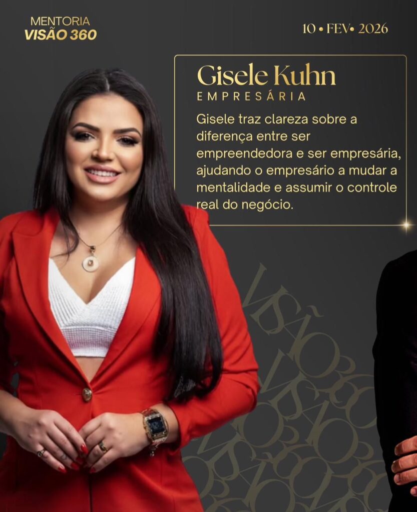 Gisele Kuhn (Empresária): Mentalidade de empresária vs. empreendedora e assumir o controle real do negócio.
Lucas Henz (Liderança): Desenvolvimento de líderes e equipes de alto desempenho com liderança situacional.
Anderson Karkow (Vendas): Método C.O.M., gestão estratégica comercial e processos de vendas.
Nathalie Chavez (Terapeuta): Padrões emocionais nas decisões e terapia nas empresas.
Adrieni Yassine (Neurociência): Comunicação, imagem e posicionamento estratégico para autoridade.
Danielli Arenhart (Finanças): Organização financeira de ponta a ponta.
Erika Rossi (RH e Negócios): Cultura organizacional, propósito e "arrumar a casa".
Bruno Sant Anna (Growth & IA): Inteligência Artificial para automatizar processos e escalar lucros.
Mentoria Visão 360