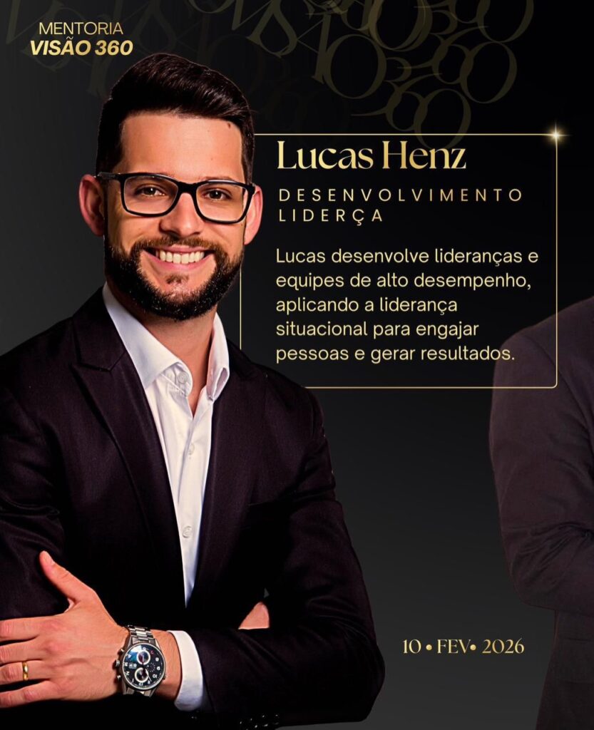 Gisele Kuhn (Empresária): Mentalidade de empresária vs. empreendedora e assumir o controle real do negócio.
Lucas Henz (Liderança): Desenvolvimento de líderes e equipes de alto desempenho com liderança situacional.
Anderson Karkow (Vendas): Método C.O.M., gestão estratégica comercial e processos de vendas.
Nathalie Chavez (Terapeuta): Padrões emocionais nas decisões e terapia nas empresas.
Adrieni Yassine (Neurociência): Comunicação, imagem e posicionamento estratégico para autoridade.
Danielli Arenhart (Finanças): Organização financeira de ponta a ponta.
Erika Rossi (RH e Negócios): Cultura organizacional, propósito e "arrumar a casa".
Bruno Sant Anna (Growth & IA): Inteligência Artificial para automatizar processos e escalar lucros.
Mentoria Visão 360