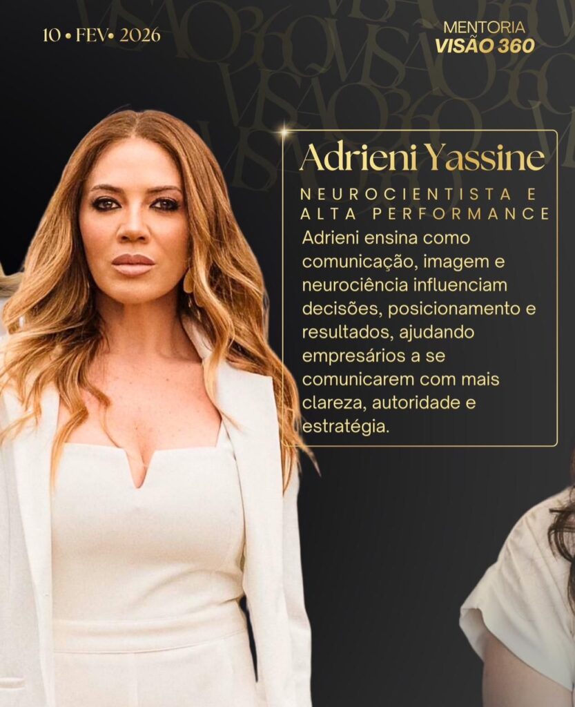 Gisele Kuhn (Empresária): Mentalidade de empresária vs. empreendedora e assumir o controle real do negócio.
Lucas Henz (Liderança): Desenvolvimento de líderes e equipes de alto desempenho com liderança situacional.
Anderson Karkow (Vendas): Método C.O.M., gestão estratégica comercial e processos de vendas.
Nathalie Chavez (Terapeuta): Padrões emocionais nas decisões e terapia nas empresas.
Adrieni Yassine (Neurociência): Comunicação, imagem e posicionamento estratégico para autoridade.
Danielli Arenhart (Finanças): Organização financeira de ponta a ponta.
Erika Rossi (RH e Negócios): Cultura organizacional, propósito e "arrumar a casa".
Bruno Sant Anna (Growth & IA): Inteligência Artificial para automatizar processos e escalar lucros.
Mentoria Visão 360